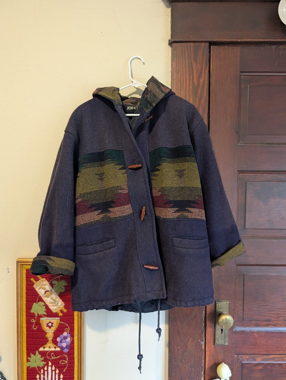 Vintage Jofeld Geometric Wool Jacket W/ Hood Wood Toggle Closure Pockets Unisex